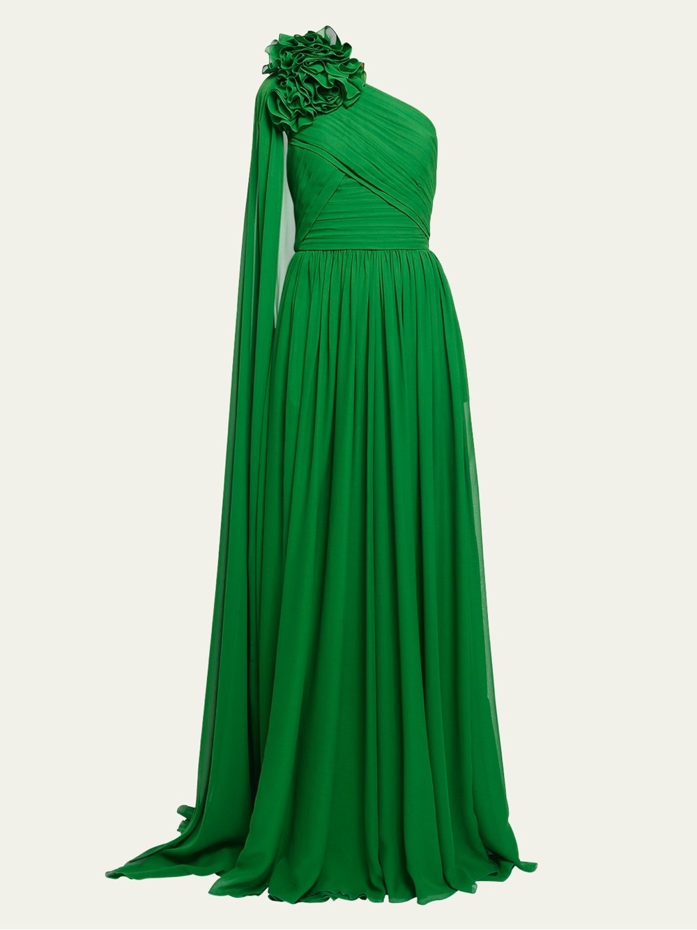 ELIE SAAB One-Shoulder Drape Ruffle-Neck Georgette Gown Green Maxi Dress